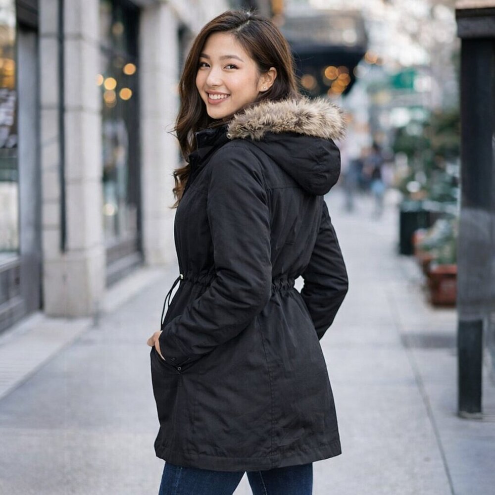 Charlotte Russe Faux Fur-Trim Hooded Drawstring Winter Layering Parka Jacket - Picture 2 of 8